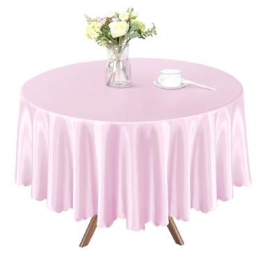 Imagem de Homiest 1 pacote com 1,8 m toalha de mesa redonda de 1,8 m, toalha de mesa rosa blush sobreposta, decorações de mesa brilhantes, toalhas de mesa de jantar de cetim sedoso para recepção de casamento,