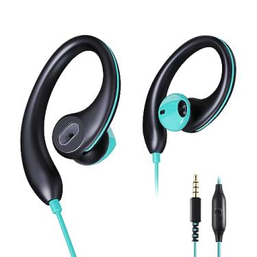 Imagem de Fones de ouvido esportivos atualizados com fio com ganchos, fones de ouvido de corrida, ajuste seguro, fones de ouvido intra-auriculares à prova de suor com microfone, conector de 3,5 mm para