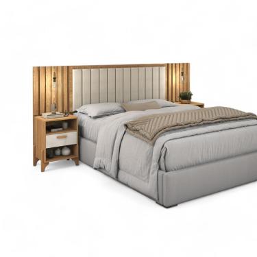 Imagem de Cabeceira Estofada Queen Onix Freijó E Off White Ripado