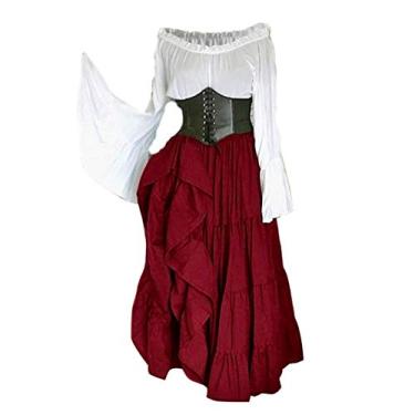 Imagem de Fantasia medieval renascentista, vestido de baile de máscaras, vestido de baile de máscaras, vestido longo, conjunto de 2 peças (nº 18 vinho, G)