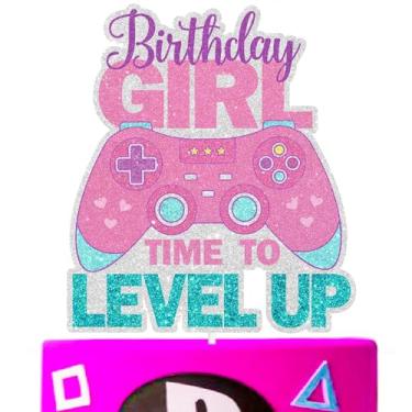 Imagem de Happy Birthday Cake Toppers for Girls - This is the perfect girly video game party, game night party "it's time for a girl to level up" decorations - SugarGera