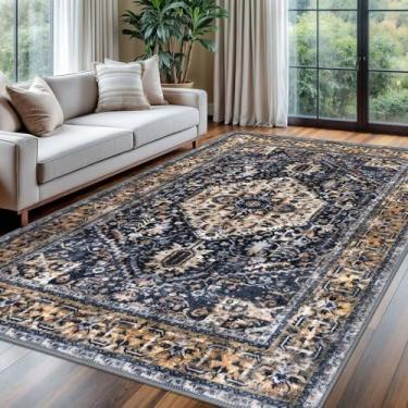 Imagem de KOZYFLY Boho Tapete fino de 1,8 x 2,5 m para sala de estar, lavável, tapete antiderrapante, para sala de estar, dourado, azul marinho, estampado, de lã sintética, vintage, para sala de jantar