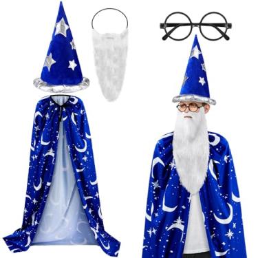 Imagem de Skicuff 4 peças de fantasia de bruxo de Halloween com chapéu, óculos, barba, capa azul, conjunto de festa, unissex, fantasia de bruxo, brincadeira e fantasia