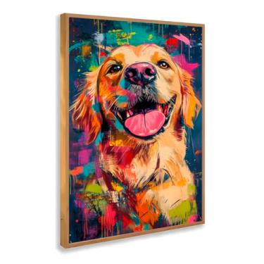 Imagem de Quadro Decorativo com moldura Cachorro Colorido Pet Golden Retrô Pop Art Alegre Divertido Quarto Sala Estilo Moderno Criativo Pet Lovers