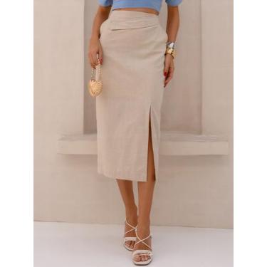 Imagem de Saia Midi de Linho com Fenda Lateral, Pala Sofisticada e Bolsos Discre