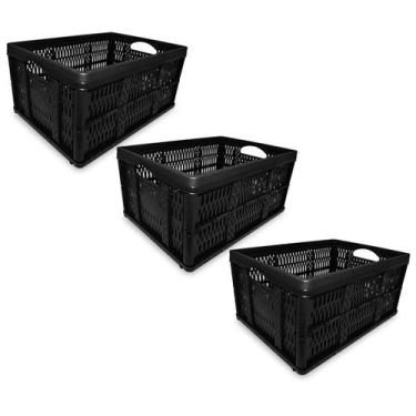 Imagem de 3 Caixa Caixote Plástico Dobrável Desmontável 32L Preta 10kg - INJEPLA