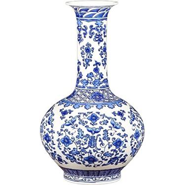 Imagem de LIFOND Vaso de flor vaso de cerâmica chinês retrô pintado à mão vaso de porcelana azul e branco 33,4 cm grande decoração de mesa vaso de flores com base vaso de flores decoração de mesa (B)