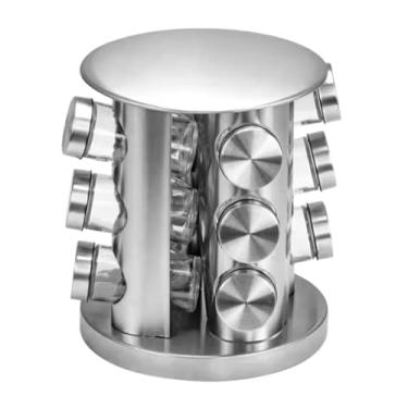 Imagem de Porta Temperos Giratório Inox, 12 Potes de Vidro, Base Redonda 360°, Organizador de Condimentos, 22cm x 28cm, Prateado