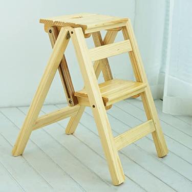 Imagem de Banqueta de madeira de 2 degraus escada dobrável cadeira de escada compacta antiderrapante escadas estante combinada suporte para plantas | cadeiras de jantar cozinha e biblioteca