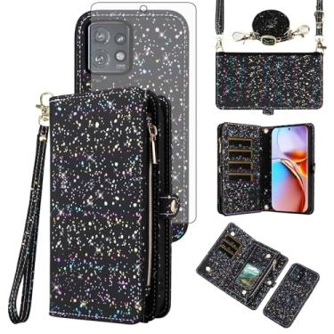 Imagem de Asuwish Capa de celular para Motorola Edge+ Plus 2023/Edge 40 Pro 5G/Moto X40 Carteira magnética destacável com protetor de tela de vidro temperado e suporte de glitter para celular X + mulheres