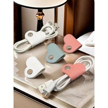 Imagem de 5 peças de dispositivo de armazenamento de corda de couro PU em forma de coração de cor aleatória, gravata de telefone de viagem, dispositivo de armazenamento de cabo reutilizável, prendedor de corda