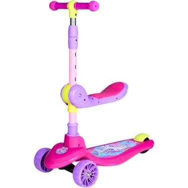 Imagem de Patinete Infantil 2 em 1 com Assento Removível, 3 Rodas, Ajustável, Design Colorido, para Crianças (Rosa e Roxo)