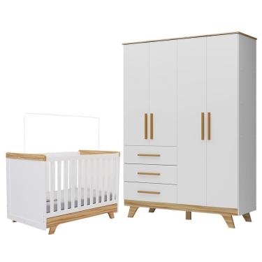 Imagem de Jogo De Quarto Infantil Retrô Guarda Roupa E Berço Branco Brilho/amêndoa - Móveis Peroba