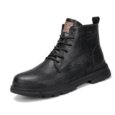 Imagem de Bota masculina de couro com cadarço para motocicleta, retrô, bico redondo, sola Chukka, cano baixo, casual, impermeável, Oxford, Preto, 41