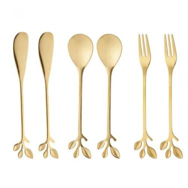 Imagem de Kit 6 Talheres Leaves Colher Garfo Espátula Aço Inox Wolff, DOURADO