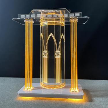 Imagem de Suporte de pódio com rodas, igreja de púlpito superior de pódio de acrílico, igreja de pódio rolante com luz LED, púlpito transparente amplo para igrejas