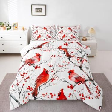 Imagem de Erosebridal Conjunto de edredom cardeal casal, pássaro vermelho, para crianças, homens e mulheres, ramos de safári natural, rústico, branco, para todas as estações