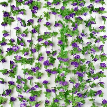 Imagem de 228,6 cm 33 cabeças de videira rosa artificial para cobrir cachimbos, guirlanda realista de flores falsas para esconder unidades AC decoração de pendurar no teto (roxo)