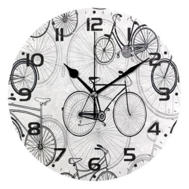 Imagem de JUZIHAI Relógio de parede com impressão de bicicleta, silencioso, sem tique-taque, relógios de parede redondos, operados por bateria, fácil de ler, relógio decorativo de parede para casa, cozinha