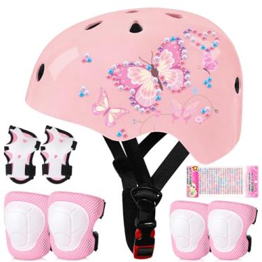 Imagem de Conjunto de joelheiras e cotoveleiras de capacete de bicicleta infantil, conjunto de equipamento de proteção ajustável com adesivos DIY para meninas de 3 a 5 a 8 anos