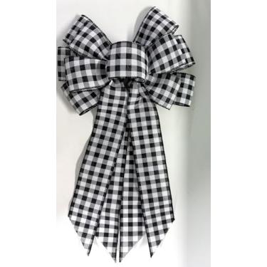 Imagem de YKW Grande arco xadrez de búfalo 51 cm preto e branco, laços de guirlanda de casa de fazenda para decoração de porta da frente, enfeite para pendurar em ambientes internos e externos (preto branco)