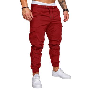 Imagem de Calças De Carga De Moda Masculina Casual Algodão Cônico Stretch Sarja Com Cordão Calças De Moletom Atléticas, Red, XXL