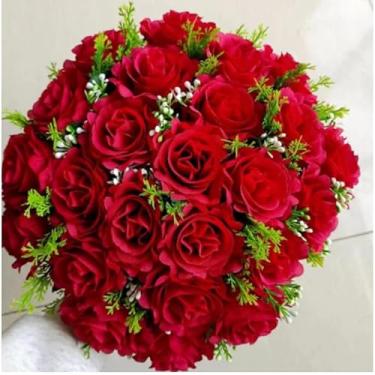 Imagem de Buquê de Rosas Artificiais com Folhagem, 24 Galhos, 36cm, Flores Artificiais Decorativas para Arranjos, Mesa e Casamento(Vermelho 4581/3916,1 Unidade)