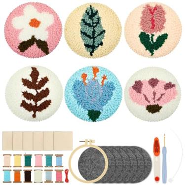 Imagem de Kits de agulhas de punção adulto iniciante, 6 argolas e fio dental de lona pré-impressas, almofada de feltro autoadesiva, passador, caneta e tesoura, kit de bordado com imagem de referência (estilo 1)