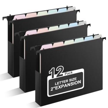 Imagem de Uquelic Pastas de arquivo de plástico para pendurar, tamanho carta, pacote com 12 pastas suspensas reforçadas e resistentes com divisórias pastel móveis, abas ajustáveis, organizador de arquivos de 5