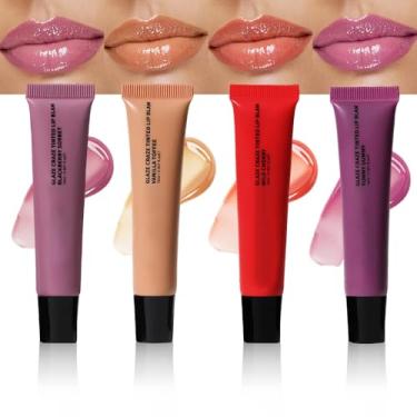 Imagem de Bálsamo labial amanteigado com 4 peças de brilho claro – Cuidados labiais hidratantes com óleos nutritivos para lábios secos femininos, tonalidade natural e brilho suave, hidratante labial e
