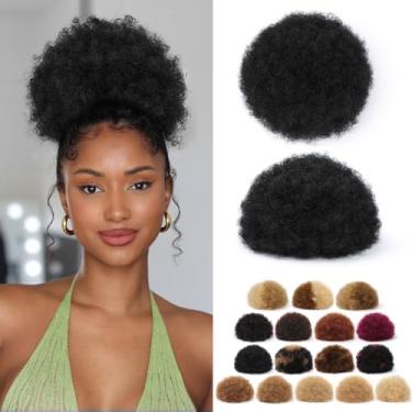 Imagem de HBKRF Rabo de cavalo afro puff para mulheres negras 20 cm #1 cabelo humano preto 4c crespo encaracolado grampo de cabelo humano em extensões de cabelo para mulheres negras