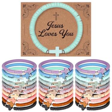 Imagem de Landical 30 Set Cross Bracelets Bulk Jesus Christian Bracelets with Blessing Card Handmade Elastic Colorful Polymer Clay Beaded Religious Christian Wristbands for Women Kids Easter Hunt Gift (Morandi)