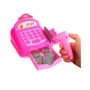 Imagem de Calculadora de Brinquedo Rosa para Crianças, Caixa Registradora Eletrônica com Luzes e Sons