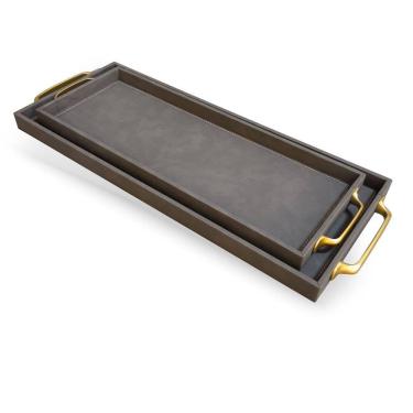 Imagem de Kit 02 Bandejas Decorativas em Couro Sintético Cinza com Alças Douradas TH0164 BTC