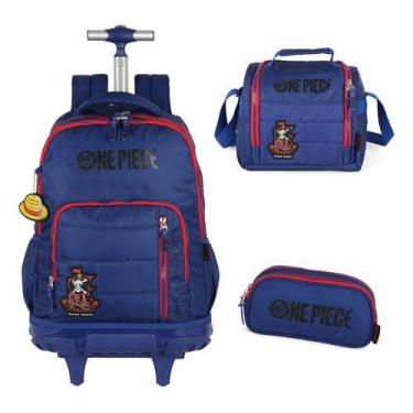 Imagem de Kit Mochila Rodinhas Estojo E Lancheira Original One Piece, Azul