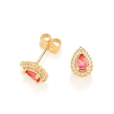 Imagem de Brinco Rommanel Banhado Ouro Gota Com Cristal Rosa E Zircônias Brancas