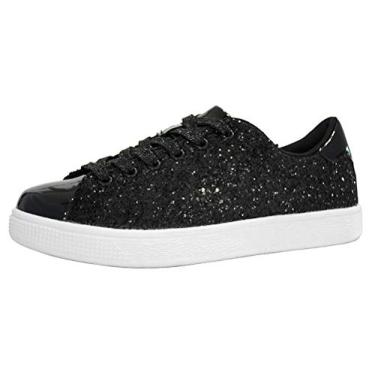 Imagem de LUCKY STEP Tênis com purpurina com cadarço | Tênis da moda | Sapatos brilhantes para mulheres, Preto, 9