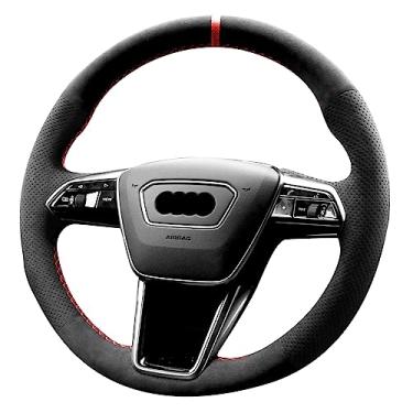 Imagem de Alfanxi Capa de volante Alcantara Hand Stitch compatível com Audi A6 A7 e-tron S6 S7 S8 (faixa vermelha)
