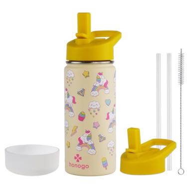 Imagem de honogo Garrafa de água infantil isolada de aço inoxidável de 473 ml, frasco térmico de metal à prova de vazamento com tampa de palha, copo infantil fofo para meninas e meninos (bege, unicórnio)