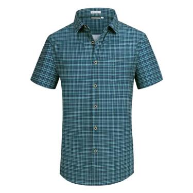 Imagem de Alex Vando Camisa masculina casual de manga curta elástica em 4 direções sem rugas, Azul marinho/verde, P