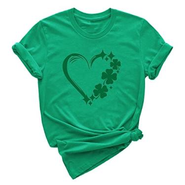 Imagem de Duobla Camiseta feminina de Dia de São Patrício com estampa de trevo e gola redonda com bandeira de trevo e gola redonda roupas casuais, A-8-verde, M