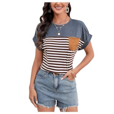 Imagem de SweatyRocks Camiseta feminina de gola redonda listrada colorida casual de enrolar manga curta com bolso, Marrom café, GG