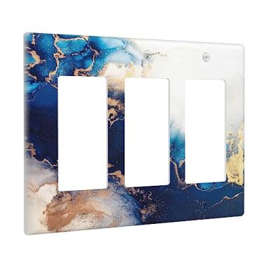 Imagem de Arte mármore abstrato 3 gang Rocker placa de parede capa de interruptor de luz tripla tampas de tomada elétrica azul e dourado fluido decorativo placa de interruptor elétrica GFCI para banheiro quarto decoração de casa