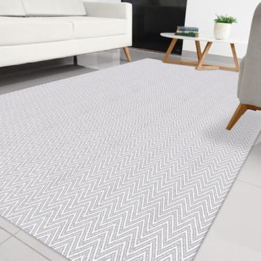 Imagem de Tapete Sala de Algodão 1,40m x 2,00m Antiderrapante Decoração Boho Geométrico Chevron Rústico Artesanal de Tear Mescla Cinza Cru Minimalista Moderno Neutro