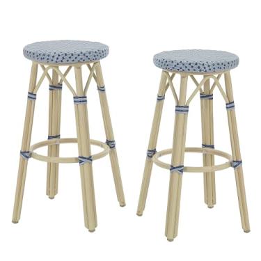 Imagem de Greemotion Binde Boho, 76 cm, banquetas de alumínio e vime para todos os climas com apoio para os pés, bancos de pátio e cadeiras de bar para uso externo, balcão de cozinha, piscina, quintal, conjunto