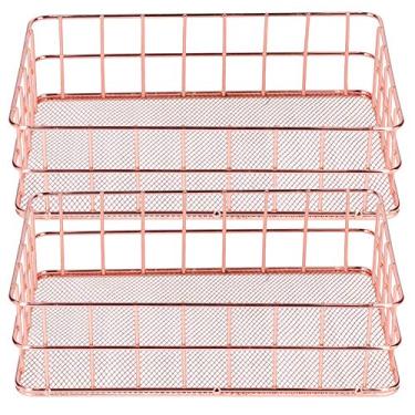 Imagem de Conjunto Akozon de 2 Cestos de Armazenamento de Ferro Minimalista Nórdico - Caixas Organizadoras de Malha de Arame de Ouro Rosa para Mesa, Casa e Escritório (L)