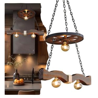 Imagem de Lustre Pendente Rústico para Área Gourmet em Caibro de Madeira com Design de Roda de Carroça, Soquete E27, Ideal para Decoração de Ambientes Internos e Externos com Estilo Vintage e Iluminação (P)