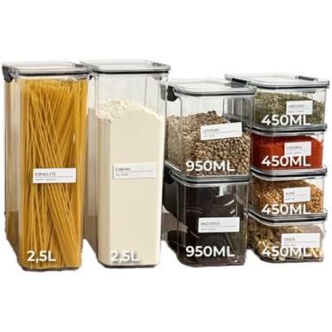 Imagem de Kit 8 Potes Herméticos 2 Potes 2,2L + 2 Potes 1L + 4 POTES 500ml Com Trava Reforçada 100% Vedado (ARROZ, FEIJÃO, CAFÉ AÇÚCAR, MACARRÃO, BOLACHA)