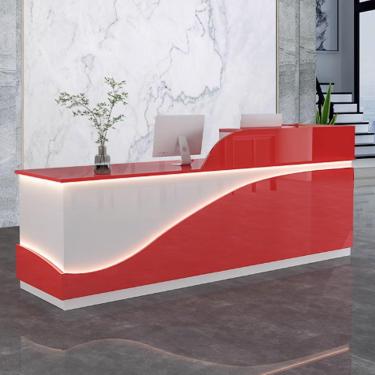 Imagem de Mesa de recepção moderna para escritório, mesa de balcão de recepção, recepção de recepção, mesa de balcão de escritório madeira projetada com tiras de luz para salões de beleza, vermelho + branco,