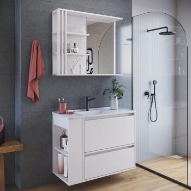 Imagem de Gabinete de Banheiro 80cm Estela com Espelheira 01 Gavetão e 1 Basculante Branco com Lavatório